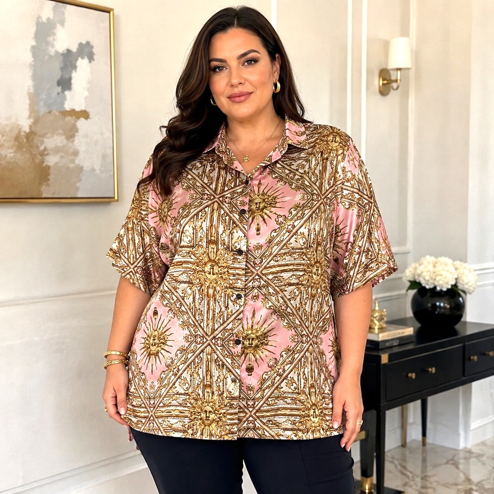 Luxe Women's  5X Plus Long Blouse Parisian Chic Monogram-style Elevated Casual